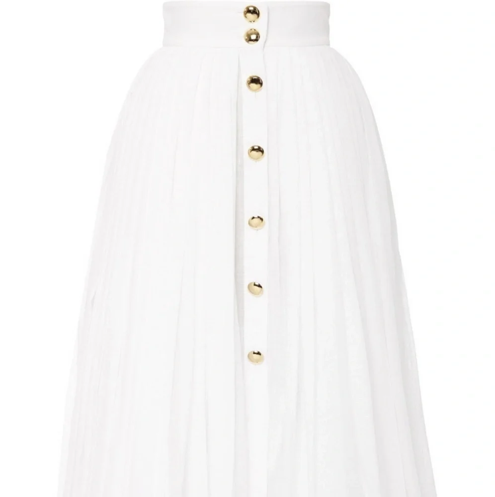Natasha Zinko‎ Skirt Linen Gold Button High Waist Pleated Midi US 2